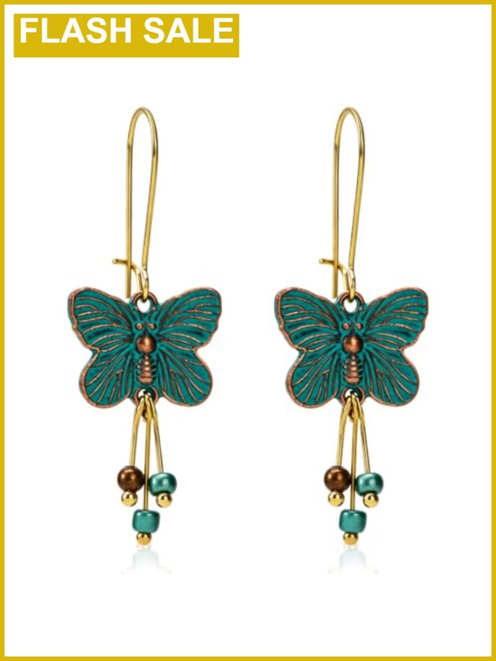 Vintage Boho Butterfly Dangle Drop Earrings Metal Antique Turquoise Finish
